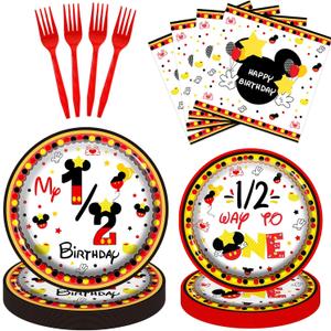 80pcs Red Cartoon Six Months Birthday Party Supplies - 1/2 Way to One Dessert Plates Napkins Tableware Kit for Boys 6 Months/Half One Birthday Party Decorations