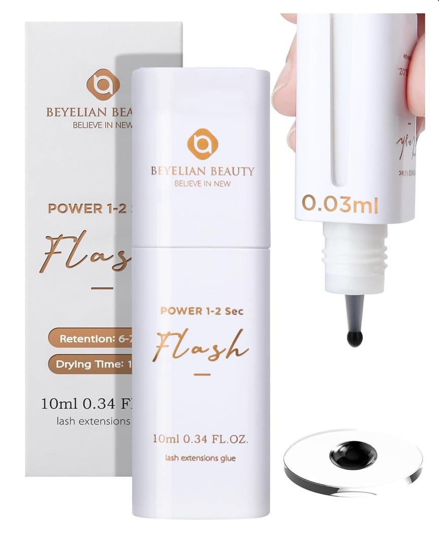BEYELIAN Eyelash Extension Glue, Extra Strong Lash Extension Adhesive, Smart Drop Technology Flash Glue, 1-2 Sec Dry Time, 6-7 W Retention, Accurate 0.03 ml Per Drop Great Sealing 10 ml