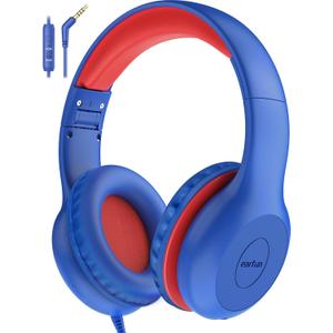 EarFun Kids Headphones Wired with Microphone, 85/94dB Volume Limit Headphones for Kids, Portable Wired Headphone with Shareport, Stereo Sound Foldable Headset for School/Tablet/PC/Kindle, Navy Red