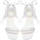 Block Heel Wedding Sandals Pearl Heels Wedding Shoes for Bride Open Toe Bridal Shoes (6, White)