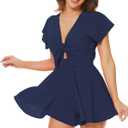 AGQT Women's Sexy V-Neck Self-Tie Front Romper Short Jumpsuit Playsuit Mini Outfit Dress Boho (1027l# Dark Blue-solid) Small