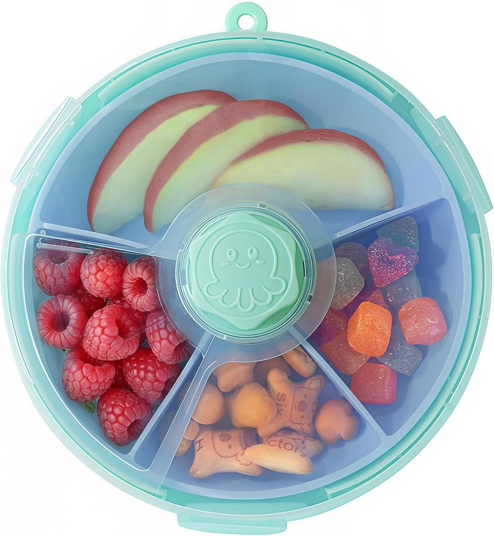KingKam Kids Snack Spinner Containers, Reusable Toddler Spin Snack Container Box with 4 Compartments & Lid, BPA Free Food Grade Silicone Tray Dishwasher Safe, Travel Snacking Accessories (Blue/Green)
