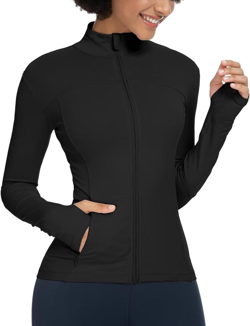 QUEENIEKE Womens Running Jacket Athletic Workout Jackets Track Full Zip Up Gym for Women Yoga Top Nurse Align Slim Fit Sport bbl Scrub Jacket Long Sleeve Sweater Black Small
