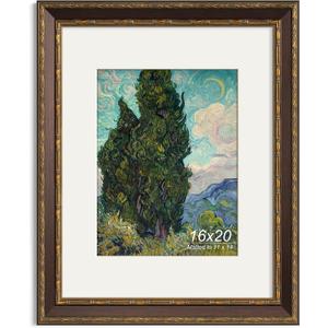Yaetm 16x20 Vintage Picture Frame, Ornate Antique Bronze 16x20 Frame for Wall, White Mat for 11x14 Photos, 1.4-inch Wide Molding - Portrait or Landscape - Wall Mount for Home (Brown/Gold, Single), 16x20 - 1 pack