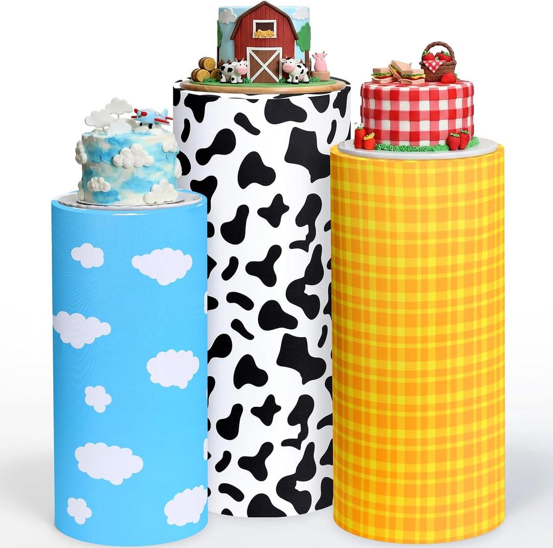 Mindsoft Set of 3 Cartoon Style Themed Spandex Cylinder Stand Covers for Party, Cow Pattern Flexible Cylinder Pedestal Covers, Dessert Tables Display for Birthday Party Baby Shower Backdrop Decor