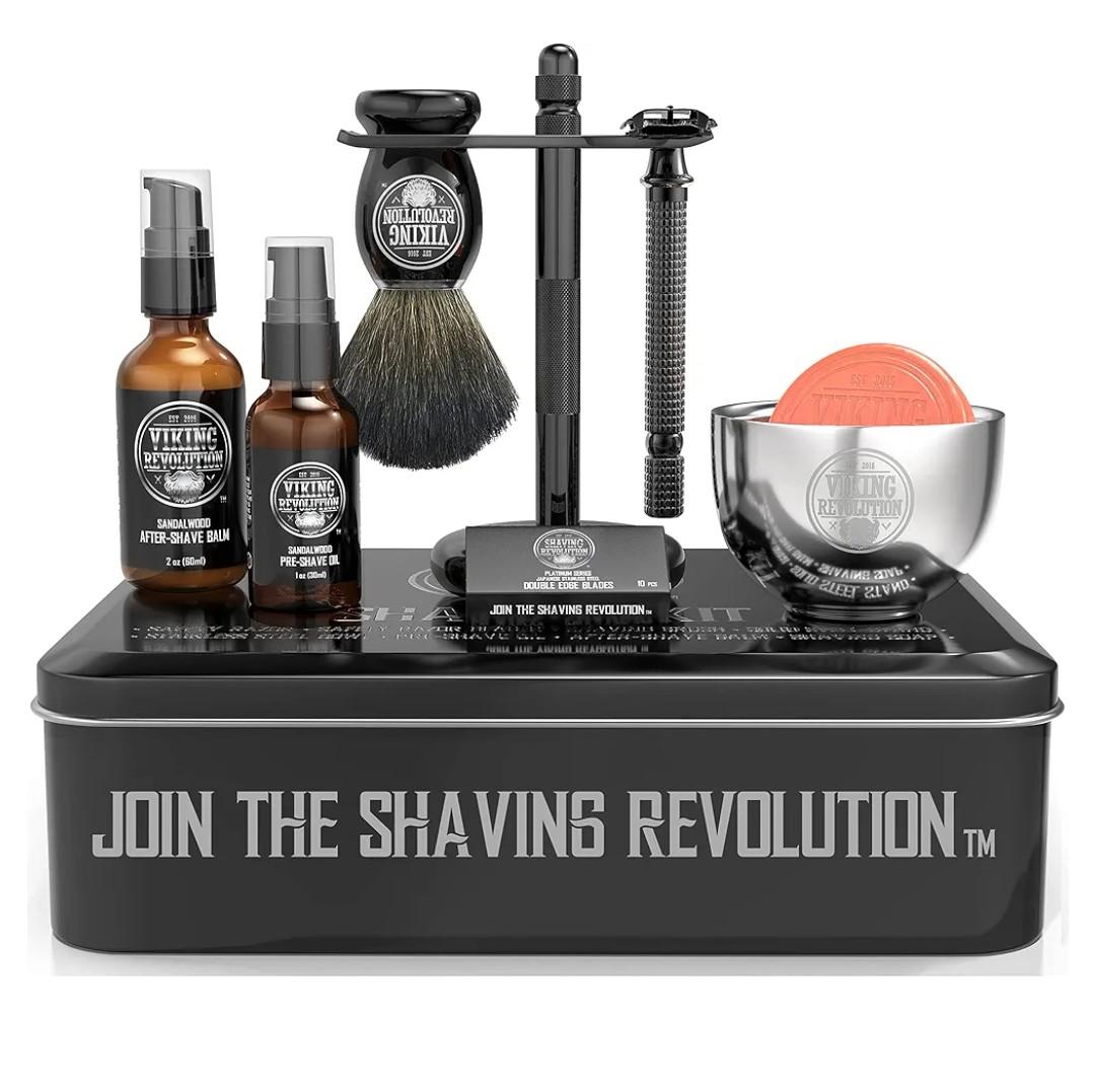 Viking Revolution Luxury Safety Razor Shaving Kit - Includes Double Edge Safety Razor, Stand, Bowl, After-Shave Balm, Pre-Shave Oil, Badger Brush - Safety Razor Kit