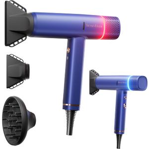 Ionic Hair Dryer with Diffuser and Concentrator, Professional Lightweight Quiet Blow Dryer, Powerful 1600 Watt Motor for Fast Drying and Straight & Wavy Hair, 3 Temps/2 Speeds, 6.56 Ft Cord, Blue