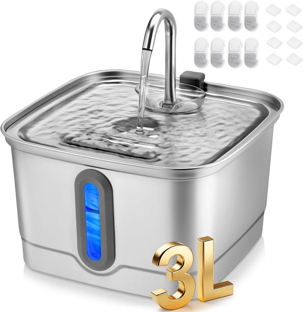 Stainless Steel Cat Water Fountain, 101oz/3L Automatic Pet Water Fountain, Dog Water Fountain with Replacement Filters for Cats, Small Dogs (8 Filters and 8 Sponges)