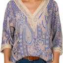 IRISGOD Womens 3/4 Length Sleeve V Neck Tops Dressy Casual Chiffon Blouse Summer Floral Bohemian 2025 Tredny Shirts (M)
