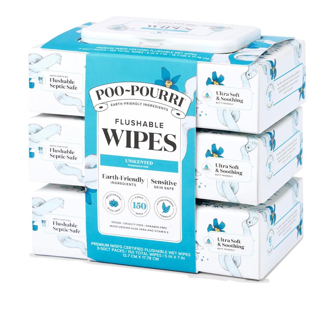 Poo~Pourri Unscented Flushable Wipes - Made with Plant Based Fibers, Aloe, Vitamin E, Chamomile, and Oat Extract - Adult Wet Wipes - 150 count - Septic & Sewer Safe - Fragrance Free