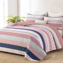 DJY Striped King Size Quilt Set, Pink Boho Bedspread Coverlet Set with 2 Pillowcases, 3 Pieces Soft Lightweight Microfiber Patchwork Quilt Bedding Set for All Season (104"x90")