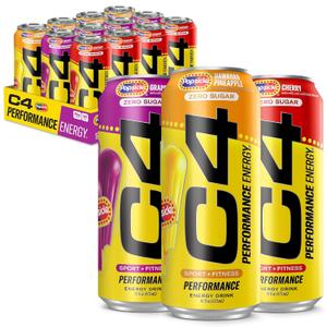 C4 Energy Drink x Popsicle Variety Pack, Carbonated Sugar Free Pre Workout Performance Drink with no Artificial Colors or Dyes, 3 Flavors - Grape, Hawaiian Pineapple, and Cherry, 16 Oz, Pack of 12