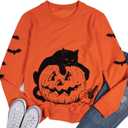 Black Cat on Pumpkin Sweatshirt Halloween Sweatshirts for Women Fall Pumpkin Face Tee Lightweight Pullover Tops (S)