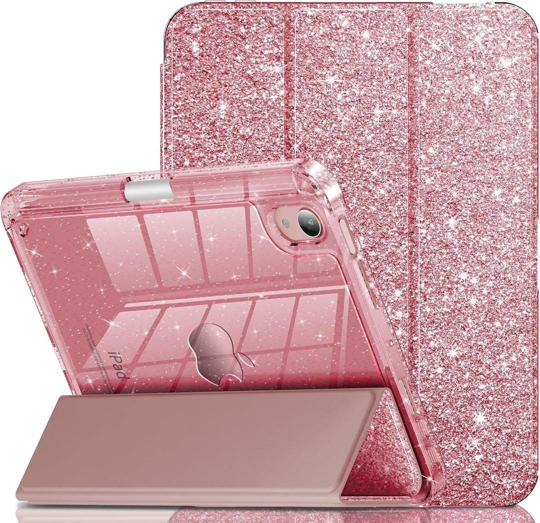 INFILAND for iPad mini 6 Case/iPad mini 6th Generation Case 2021 8.3 Inch, Glitter Cute Cover with Clear Sparkle Back, Pencil Holder for Kids Girls, Rose Gold