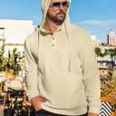 Vssjavun Mens Pullover Hoodie Casual Textured Long Sleeve Half Button Hooded Sweatshirt Beige (S)