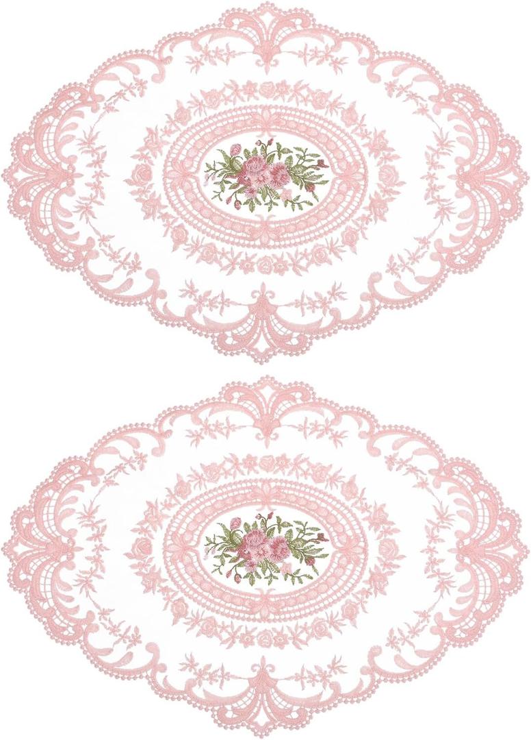 Uxcell 2Pack Retro Lace Placemat 12x16-in Oval Embroidered Table Place Mats French Crochet Doilies Coasters Cup Mat for Home Wedding, Pink