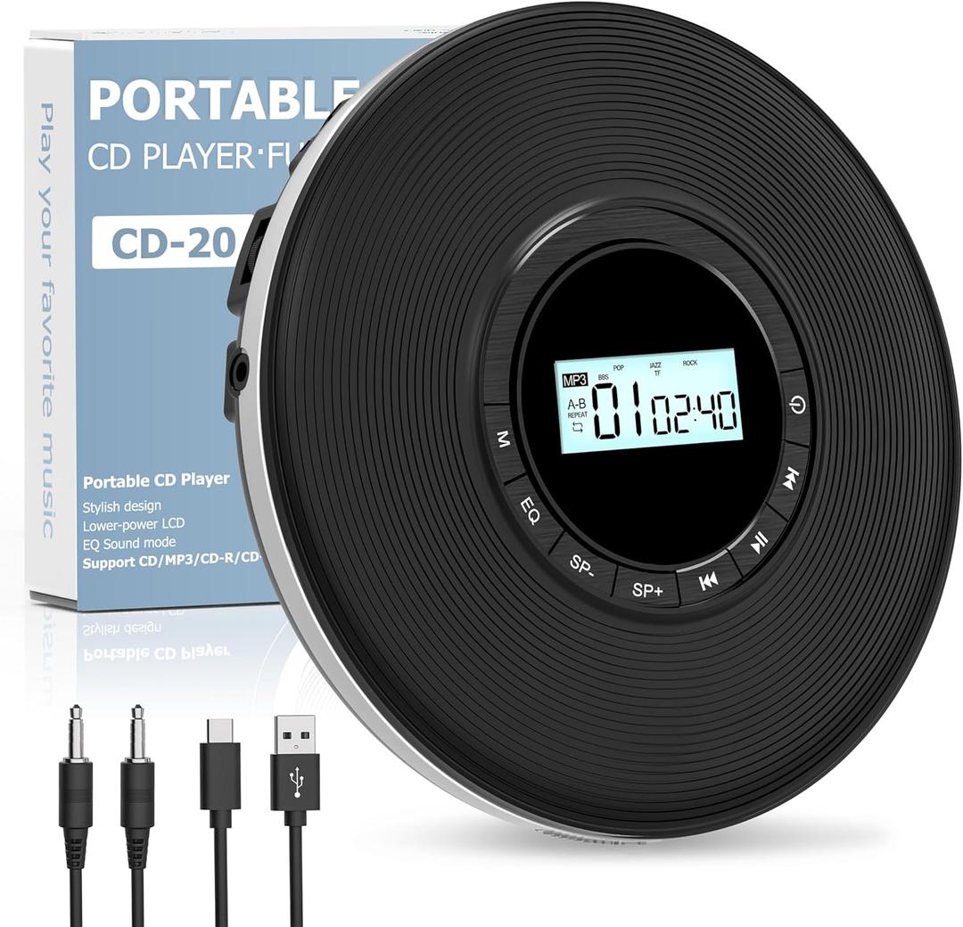 Sunoony Walkman CD Player, Portable CD Player for Car, Personal Disman CD Player with Headphones Jack, LCD Display, Anti-Skip, Aux-Out Cable/ TF Slot, 2*AA Batteries or Type-C Supply for Home, Travel and Car