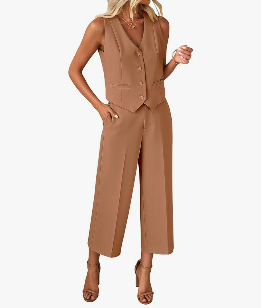 luvamia Pant Suits for Women Dressy Casual 2 Piece Sets Sleeveless Blazer Vest with Wide Leg Capri Pants Work Outfit L