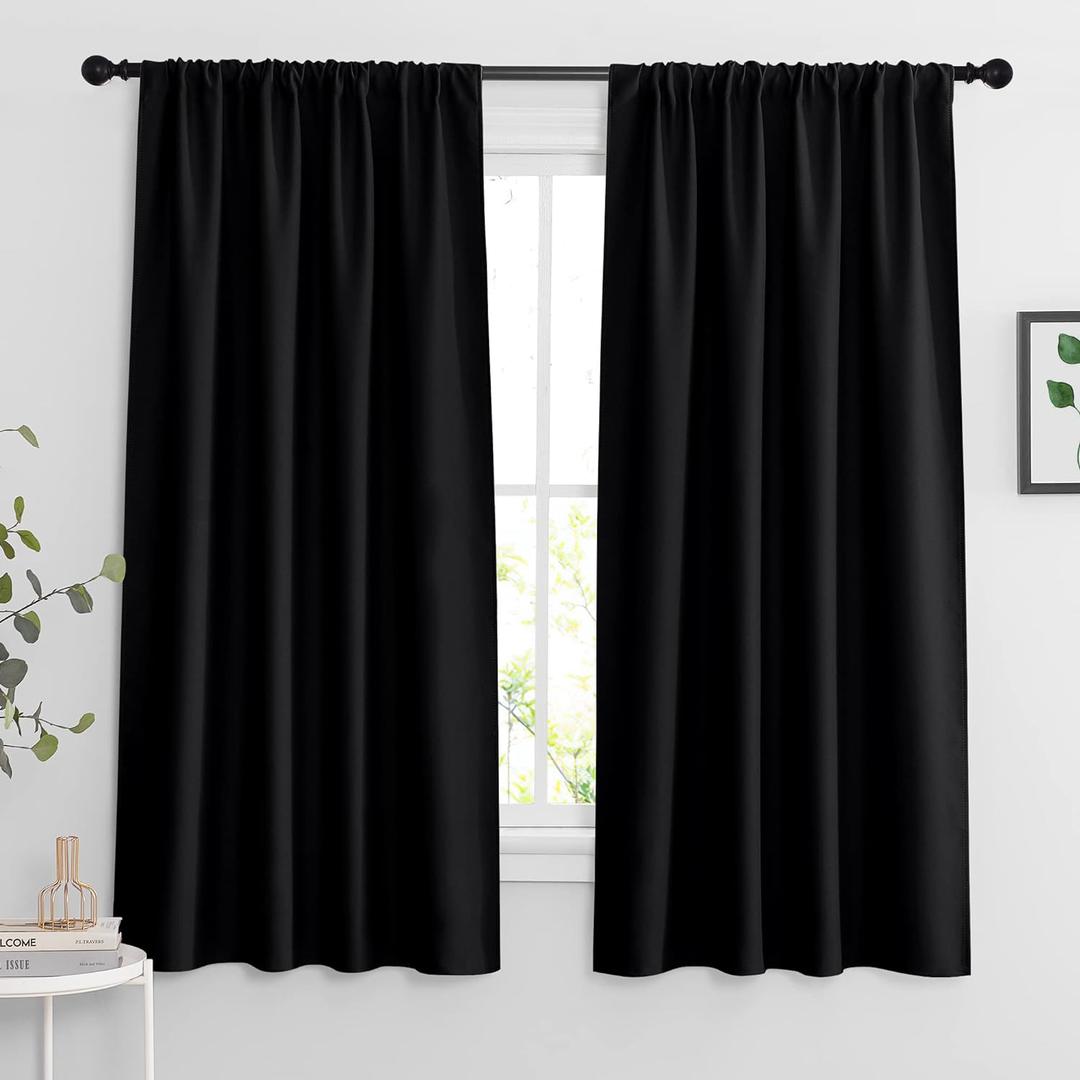 RYB HOME Black Living Room Curtains 63 inch Length, Blackout Energy Efficient Window Covering Heavy Duty Vertical Privacy Drapes for Nursery Girls Room Classroom W42 x L63 inch, 2 Panels (42"W x 63"L (Pack of 2))