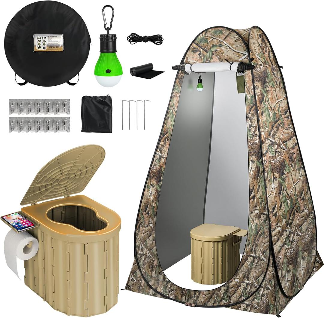 Portable Camping Toilet with Pop-Up Privacy Tent, 12-inch Toilet Seat, Outdoor Portable Folding Toilet Potty for Adults Load Capacity of 400 Lbs, LED-Light Camping Bathroom