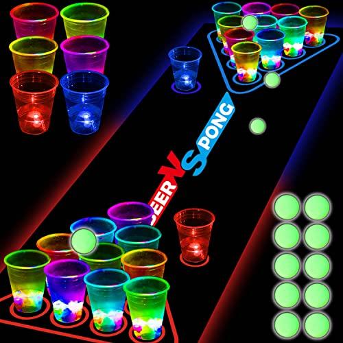 YHFUISK Glow in The Dark Beer Pong Table Mat, Drinking Game Pong Game with Party Cups, Glow Pongs for Indoor Outdoor Party Game Party Supplies Decoration Flashing&Red&Blue1