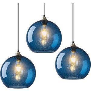 Modern 3-Pack Glass Globe Pendant Lights, Blue Modern Pendant Lighting for Kitchen Island, Clear Glass Hanging Lamps for Dining Room Living Room Bedroom, Small 5.9 Inch Fixture (Bulbs Not Included)