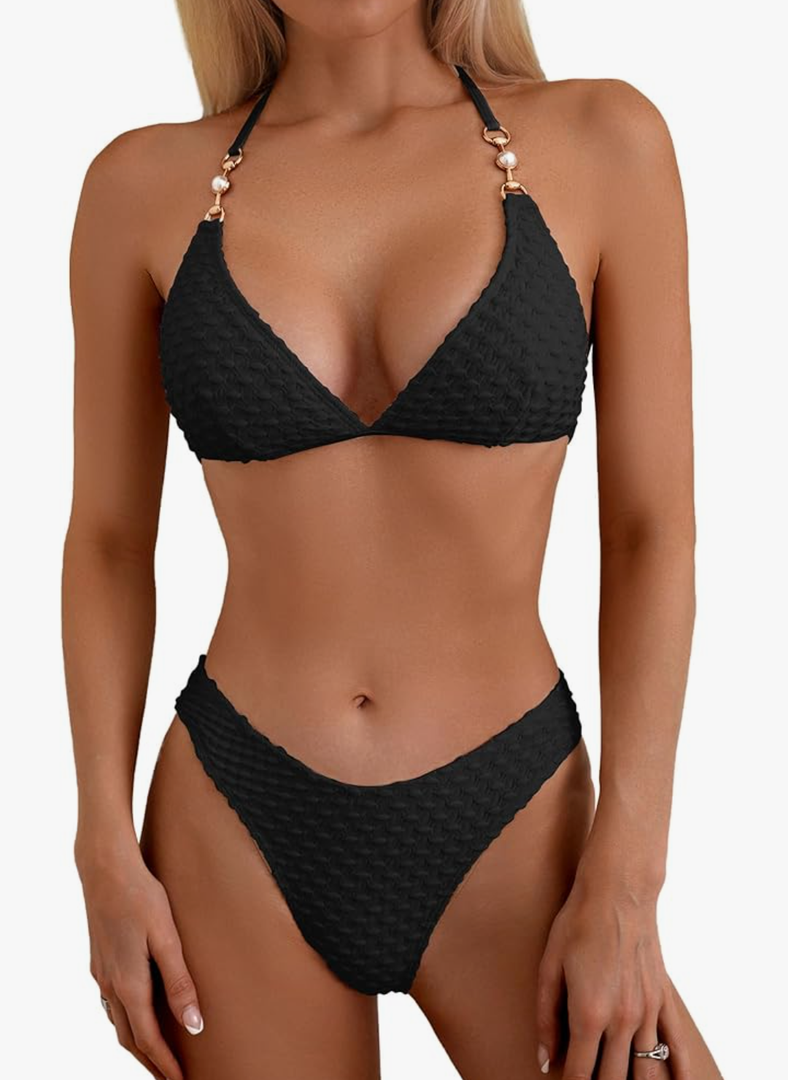 swimall Women's Triangle Bikini Set Cheeky High Cut Sexy Two Piece Swimsuit Cute Halter Bathing Suit Size:L