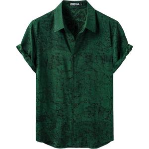 ZEROYAA Mens Satin Jacquard Short Sleeve Button Down Shirts | Regular Fit, Silk Like Satin, Soft, Casual, Summer, for Vacation, Party, Beach (Green, XL)