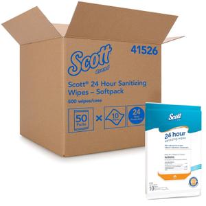 Scott 24 Hour Sanitizing Wipes  Multi-Surface Cleaning & Disinfecting, Continuous Sanitization for 24 Hours  (41526), 50 Packs x 10, 500 Wipes
