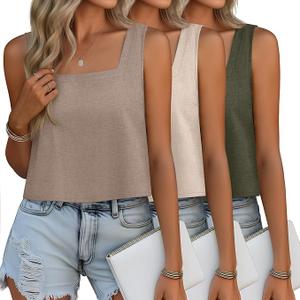 Huukeay 3 Pack Women's Linen Cropped Tank Tops Sleeveless Square Neck T-Shirts Loose Fit Casual Spring Beach Summer Tees(Medium,Light Khaki, Linen, Army Green)