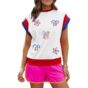 Women American Flag Cap Sleeve Shirt Sequin USA Star T-Shirt Sparkly 4th of July T-Shirt Patriotic Tee Tops M