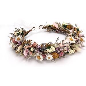 Rustic Preserved Dried Flower Crown Natural Floral Headband with Daisy Cream Mixed Flowers for Women Maternity Brides Bridesmaids Flower Girls Family Photography