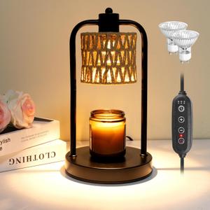 Candle Warmer Lamp with Timer Light: Electric Wax Melt Warming Dimmable for Yankee Candles Large - Birthday Christmas Gift for Women Mom, Room, New Home Decor, Vintage House (Black + Brown Hemp Rope)