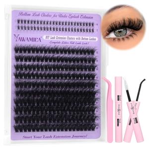 Yawmaica Lash Clusters Kit with Bottom Lashes Wispy Eyelash Extension Kit 200D Volume Eyelash Clusters 12-20mm D Curly Individual Lashes DIY Lash Extension Kit with Lash Bond and Seal Lash Tweezers