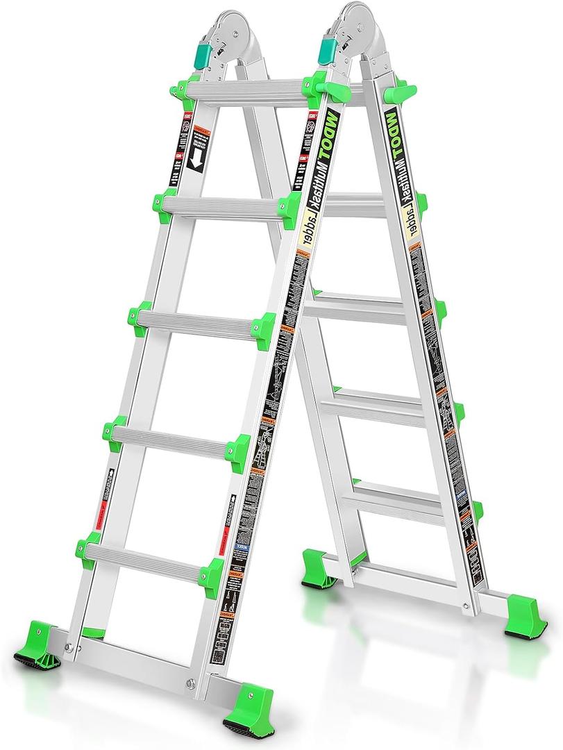 Ladder, Multi Position 5 Step Ladder Extension, 17 Ft Anti-Slip A Frame Compact Folding Ladder, 330LBS Adjustable Telescopic Aluminum Ladders for Home Stairs Roof Outdoor, Home Staircases