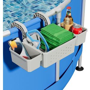 [Patented] Poolside Storage for Above Ground Pool Accessories, Thickened Plastic Pool Basket with 2 Pool Cup Holder, Multifunctional Poolside Holder Fits for Most Frame Pools (1 Pack)