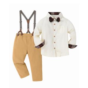 DISAUR Boy Formal Suits Wedding Outfit Long Sleeve Button Down Dress Shirt Bow Tie Suspender Pants Gentleman for 7-8 Years