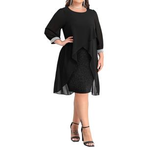 Plus Size Cocktail Dress - Elegant Chiffon Cape 3/4 Sleeves Glitter Evening Party Wedding Guest Dresses Women Formal 16 W, Bl