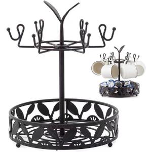 Mug Holder Tree Stand for Bar Kitchen Counter with Storage Basket Multifunctional Cup Holder for Counter with 6 Hooks for Coffee Bar