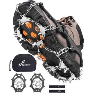 Sportneer Crampons： Ice Cleats for Shoes and Boots with 28 Spikes - Traction Slip-on Stretch Footwear for Walking and Shoveling on Ice and Snow - Lightweight for Women and Men