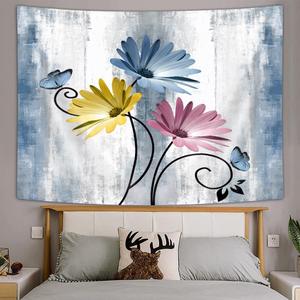 Rustic Farmhouse Flowers Tapestry Farm Blue Daisy Floral Butterfly on Country Wooden Tapestries, Blue Grey Tapestry Wall Haning for Bedroom Ceiling Living Room Poster,90X70IN (90L" x 70W")