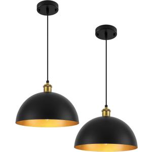 Pendant Lights for Kitchen Island, 11.8" Black and Gold Farmhouse Pendant Light, Dome Pendant Light Fixtures for Dining Room, Living Room, Bedroom, Cafe, Bar, 2 Pack