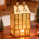 DN DECONATION Christmas Village House Decorations Lighted, Gold Ceramic House Decor, Christmas Town Building Figurines with Lights, Winter Decor for Table Centerpiece Xmas Gifts (set of 1)