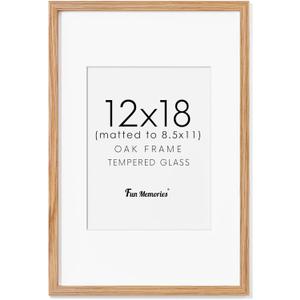 Fun Memories Solid Oak Wood Picture Frame 12"x18" for Wall - Tempered Real Glass, Matted to 8.5x11, Poster Frame (Natural Oak Color, 1 Pack)