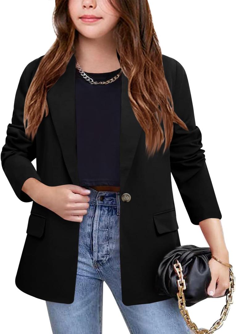 Meikulo Girls Blazers Kids Lapel Long Sleeve Open Front Solid Blazer Jacket with Pockets (10-12 Years, Black)