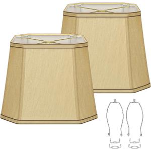 Rectangle Cut Corner Lamp Shades Set of 2, 10.5" x 10"x 13" Modern Medium Gold Lampshades with Brown Rim, Included 2 Pack Lamp Harps, Suitable for E26 Base and Saddle Base, Easy Assembly Required