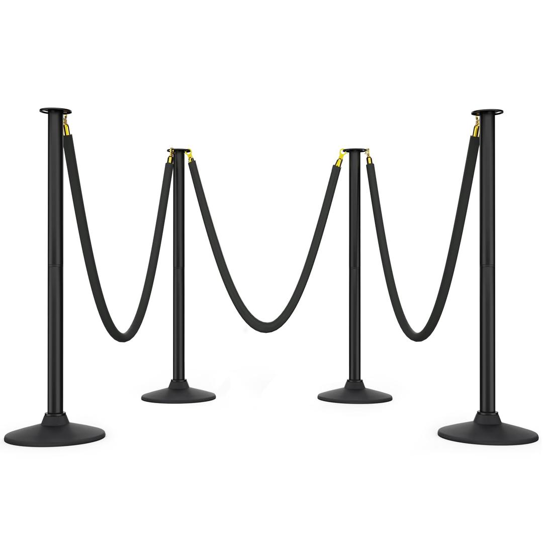 BATTIFE Plastic Stanchion Posts with Three Black Velvet Ropes and Weighted Rubber-Plastic Base, Crowd Control and Queue Management Barrier Poles for Party, Event, Red Carpet (4 Pack) (33.8inch)