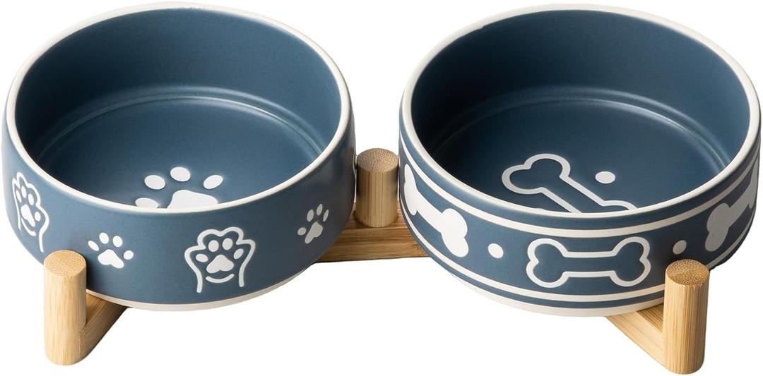 Dafuceramic Dog Bowls Set with Stand, 1.5 Cups Ceramic Puppy Bowls for Dogs, Dual Dog Food and Water Bowls with Bone Pattern,Weighted Non-Slip Base (S-1.5 Cups)