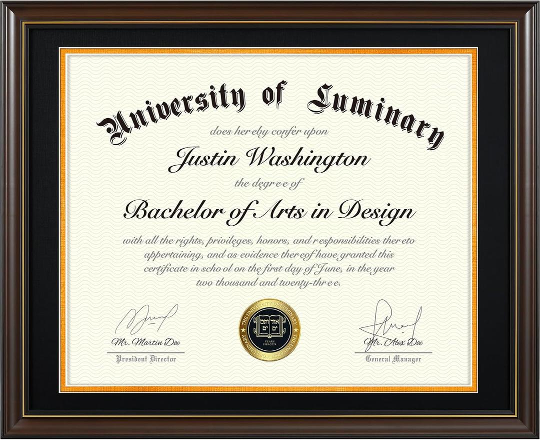 Luminary 16x20 Wood Diploma Frame with 14x17 Opening Black Mat for College Degree Certificate Document, Walnut Color Wooden Frame with Tempered Glass Panel for Wall Mount Display