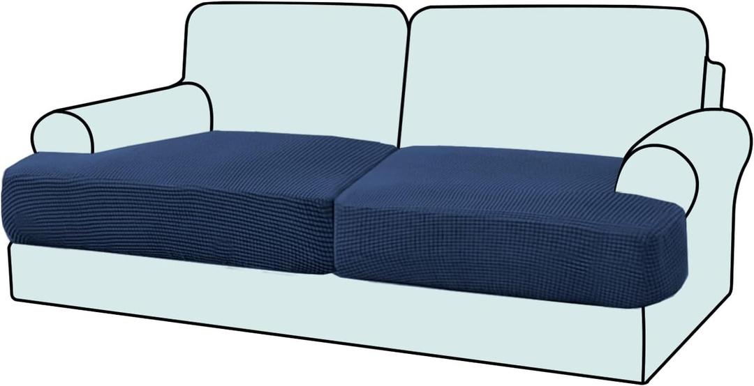 2-Pack Stretch T-Cushion Sofa Slipcovers - Premium Jacquard Fabric Elastic Sofa Seat Covers, Non-Slip Couch T Cushion Covers for 2-Seater Loveseat & Sectional (2, Navy)